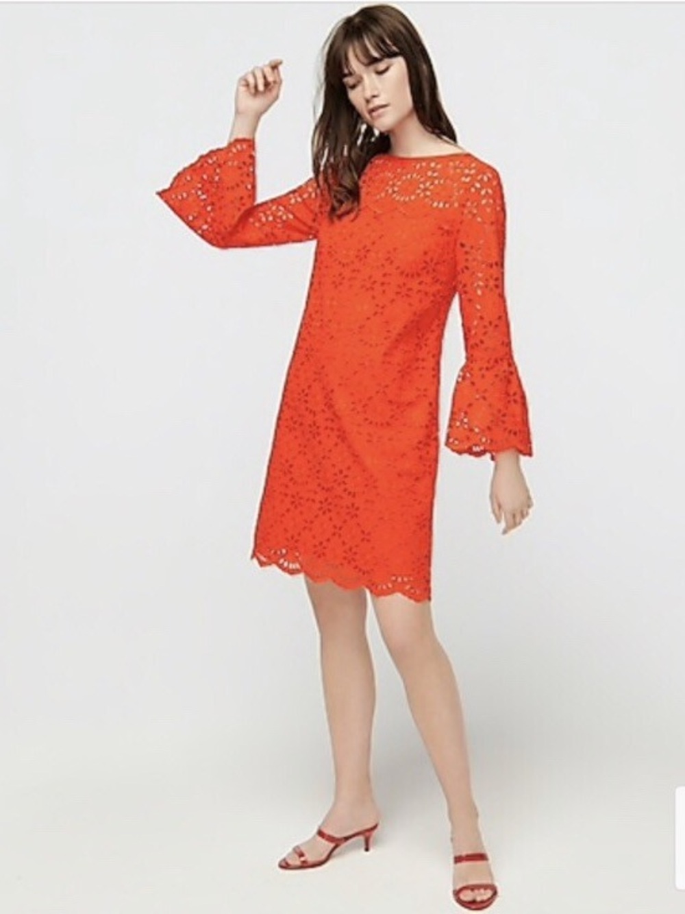 J. Crew Orange Eyelet Bell-Sleeve Shift Dress Size 2P - Picture 2 of 12